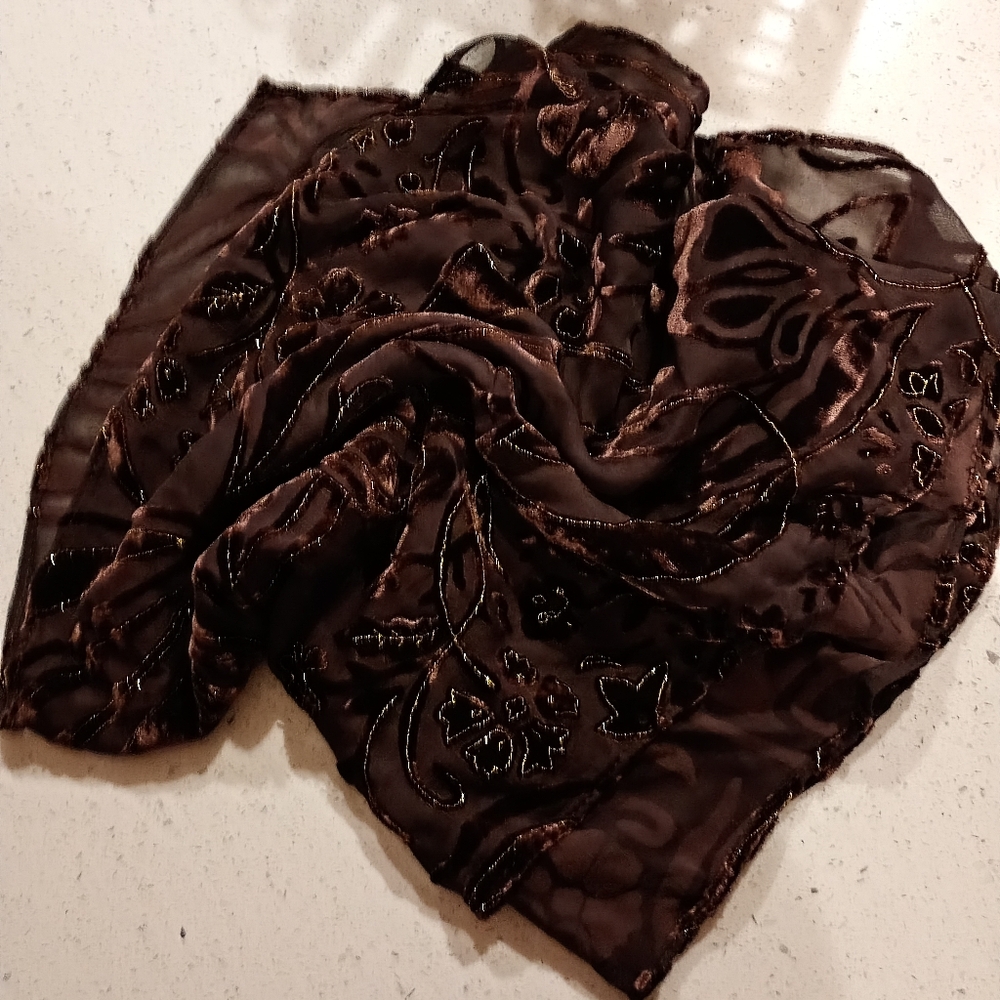 🩷Elegant Sheer Brown Velvet Floral Sparkle Trim Scarf🤎
